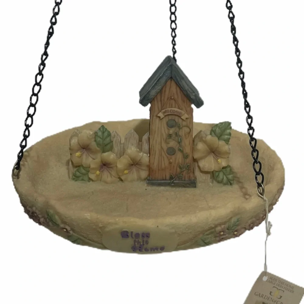 Hanging Bird Feeder Dish Bless this Home Large Colorful Floral Outdoor Birdhouse